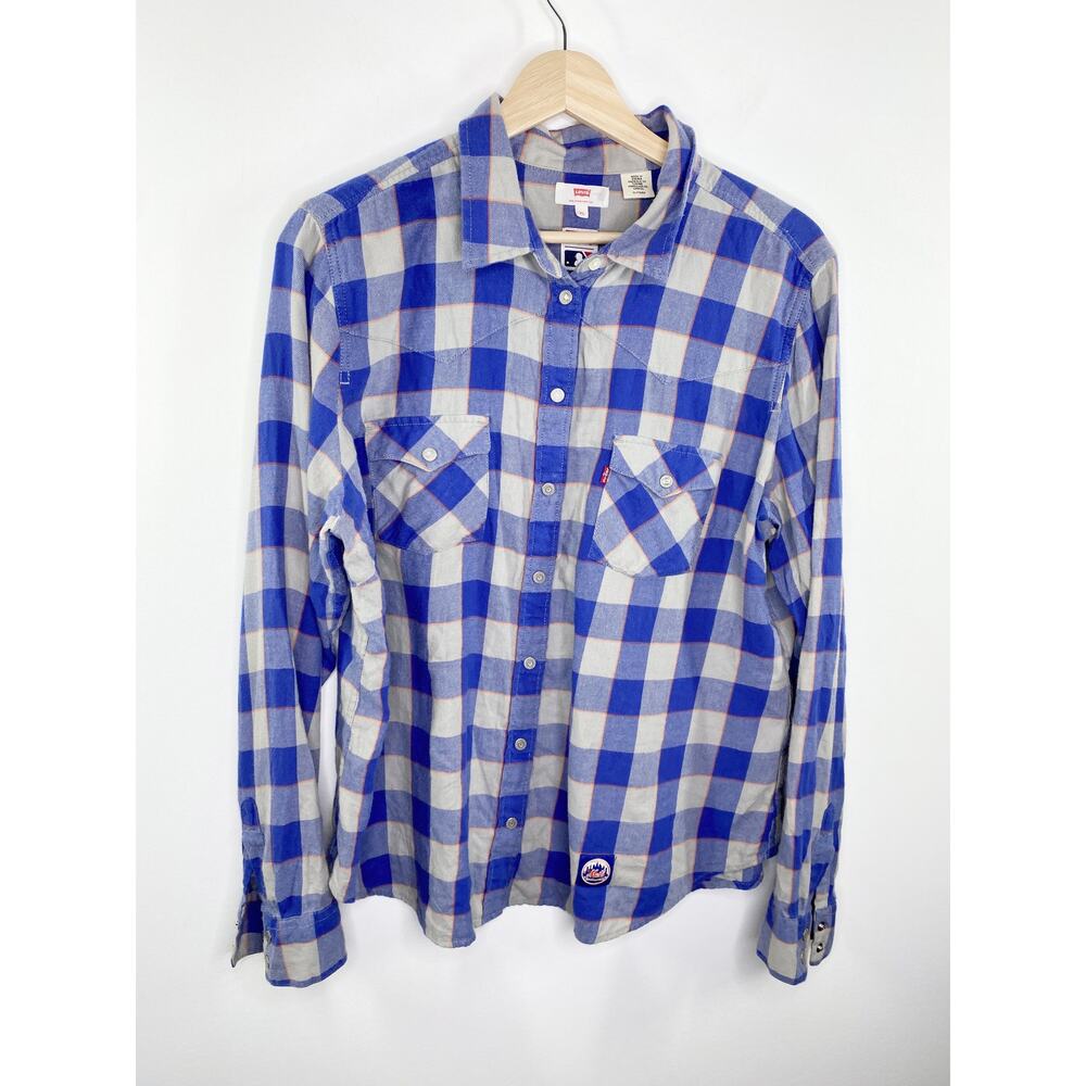 Levis MLB New York Mets Plaid Snap Front Western Shirt Mens XL Blue White